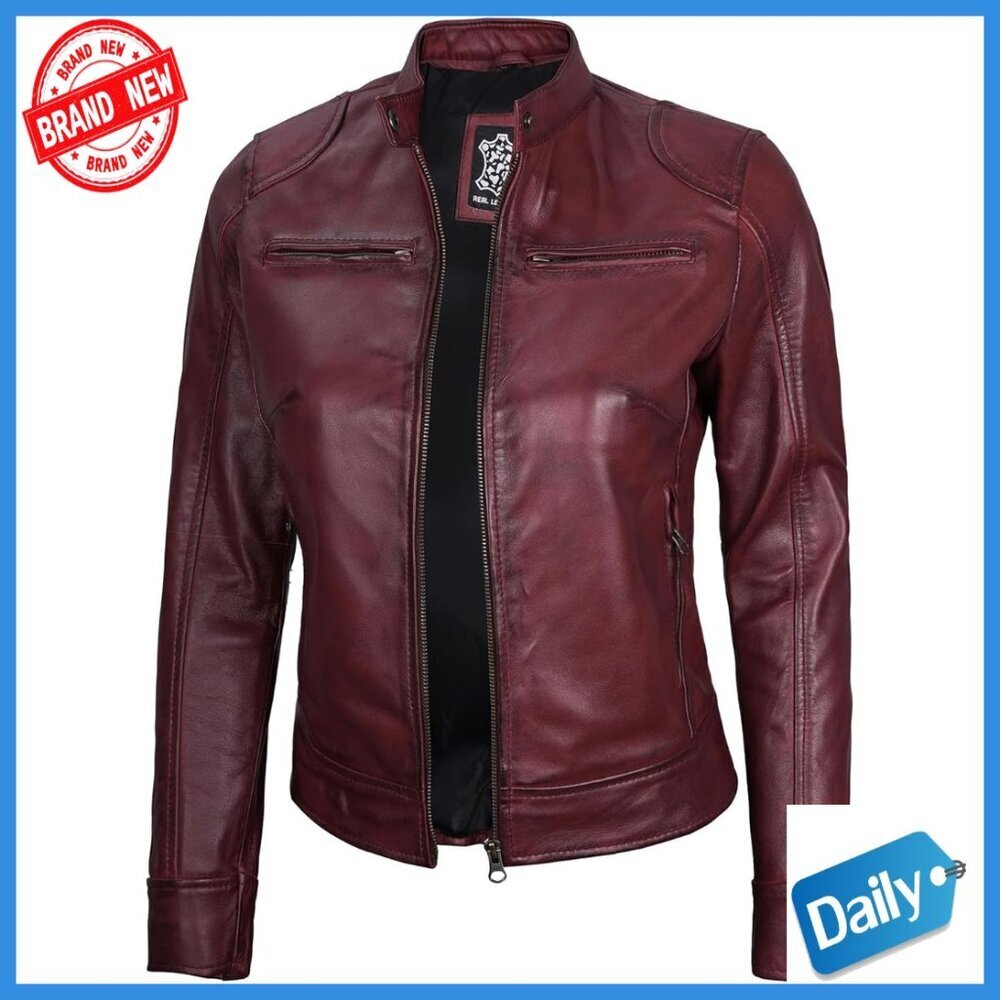 Lambskin Leather Jacket Cafe Racer Style Regular Fit Zipper Closure
